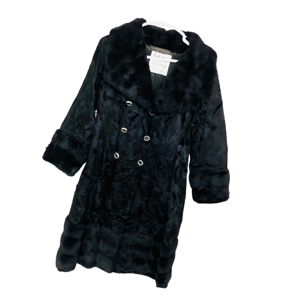 Vintage 60s Lykafur Priscilla Modes Black Faux Fur Double Breasted Coat Size 10